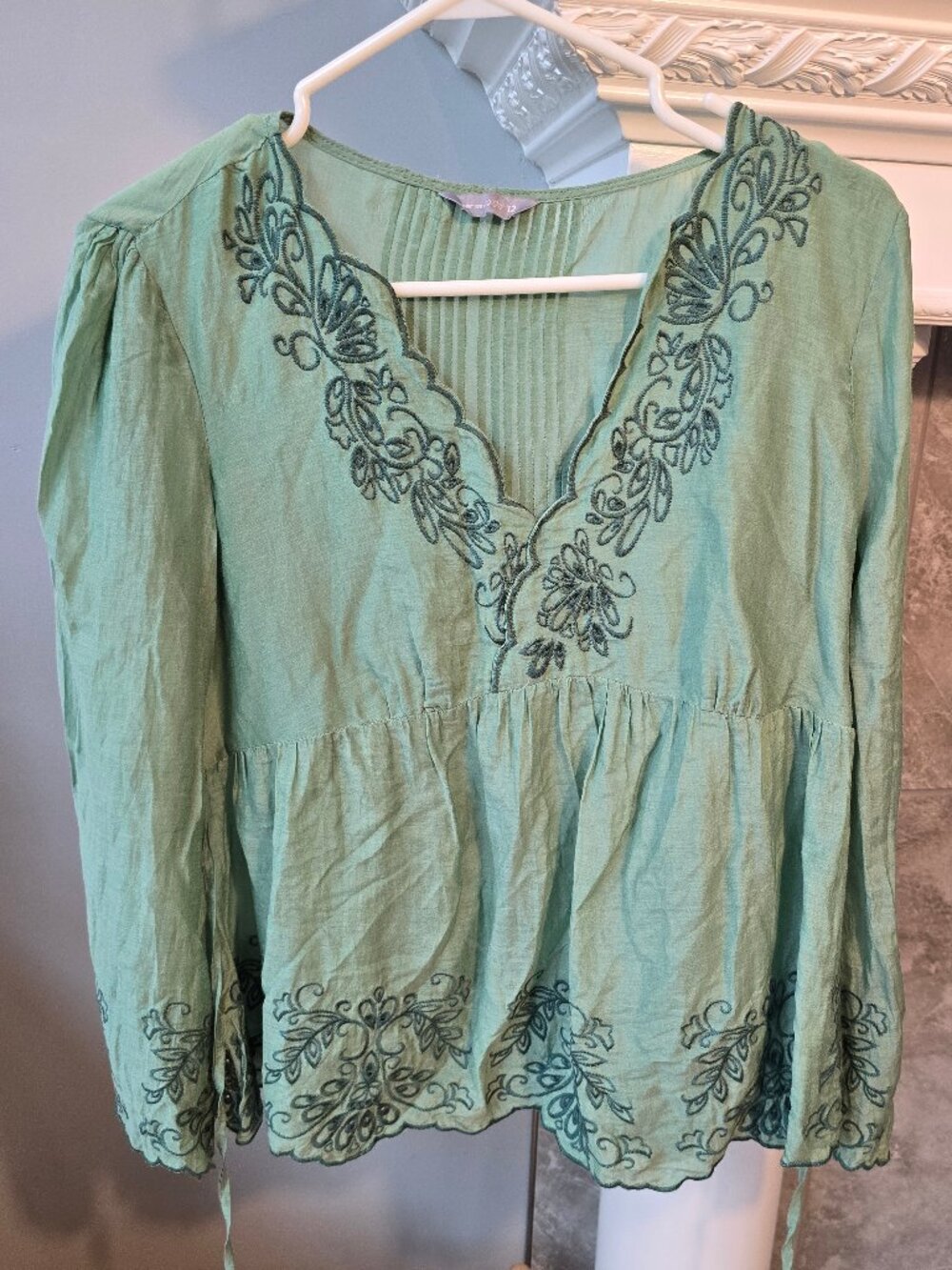 M&S Per Una Boho Embroidered Linen Blend Smock Top Green  US 8